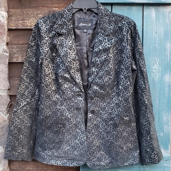 Arden B 100% Real Leather Floral Blazer Jacket Sz L Gray Black Sliver unique - Picture 1 of 5